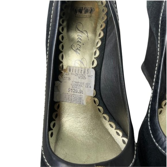 JUICY COUTURE Y2K Women's Black Suede High Platform Wedge Gold Logo 9M GUC - Picture 5 of 8